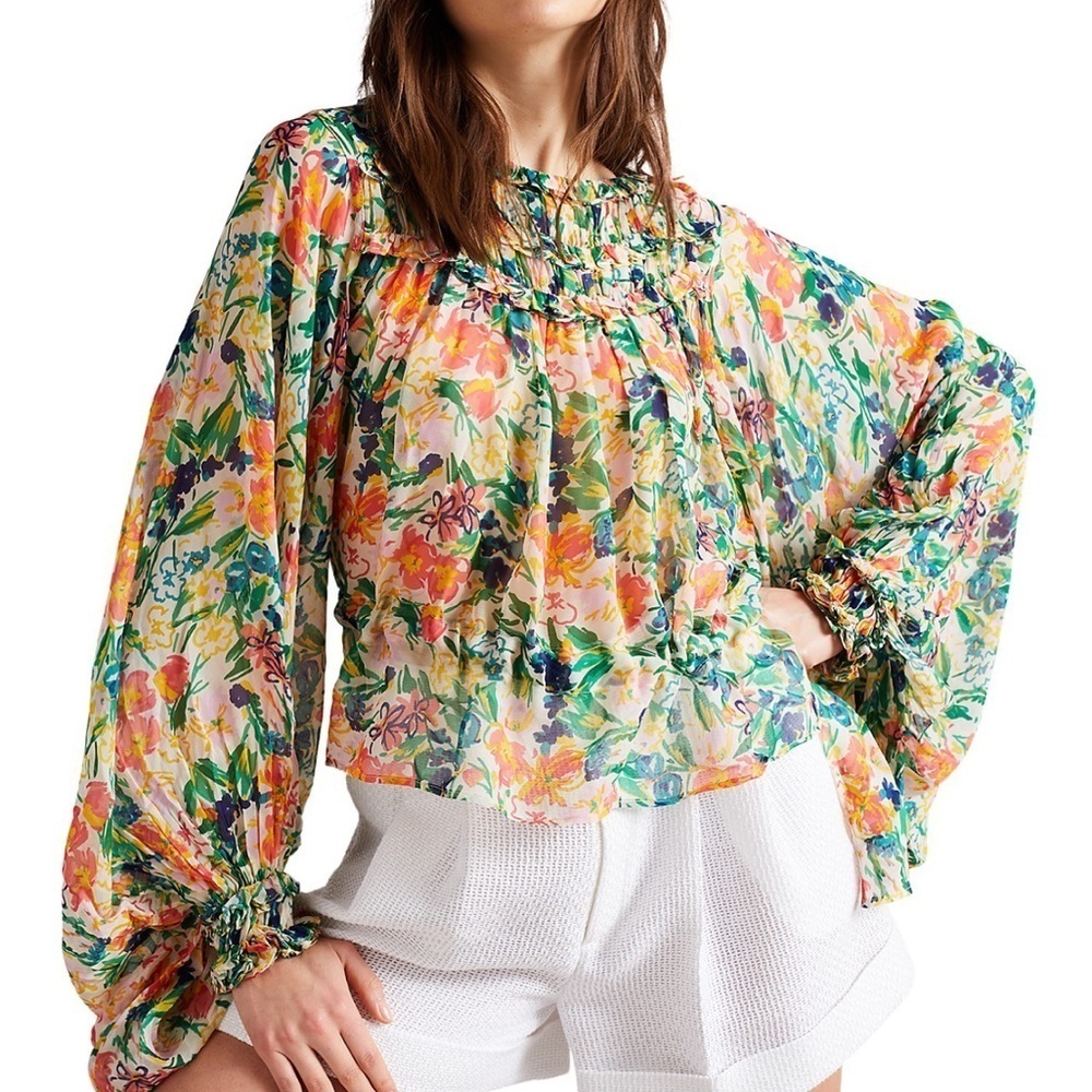 Ted Baker Kesara Floral Printed Ruffle Blouse Tie Waist Balloon Sleeves Size 6